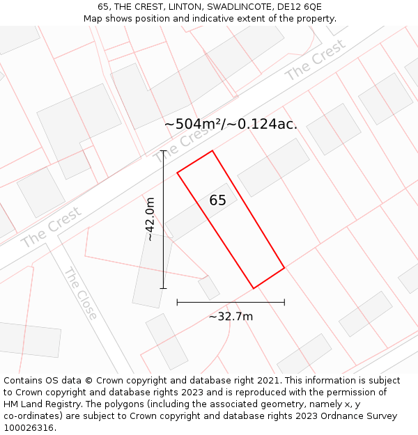 65, THE CREST, LINTON, SWADLINCOTE, DE12 6QE: Plot and title map