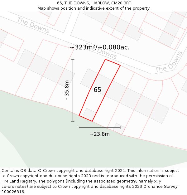 65, THE DOWNS, HARLOW, CM20 3RF: Plot and title map