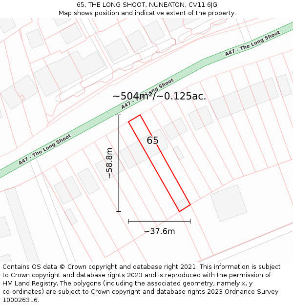 65, THE LONG SHOOT, NUNEATON, CV11 6JG: Plot and title map