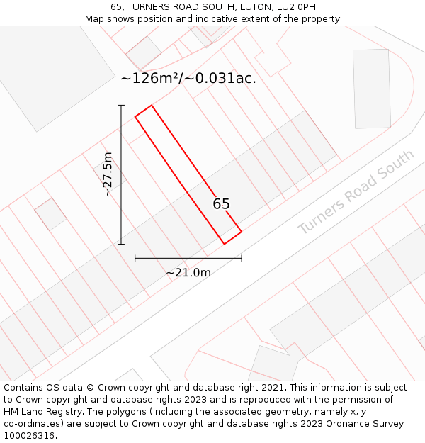 65, TURNERS ROAD SOUTH, LUTON, LU2 0PH: Plot and title map