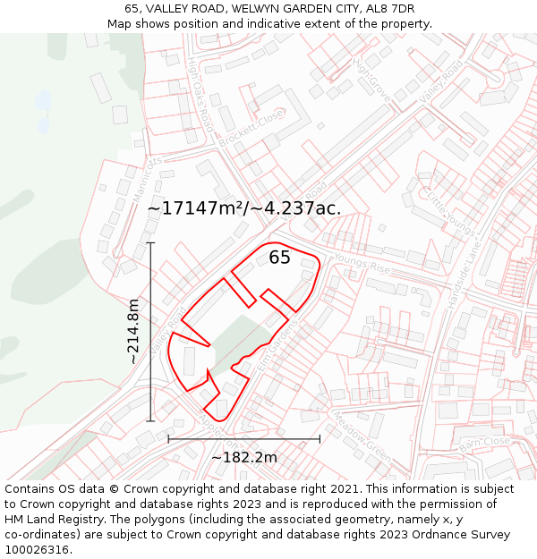 65, VALLEY ROAD, WELWYN GARDEN CITY, AL8 7DR: Plot and title map