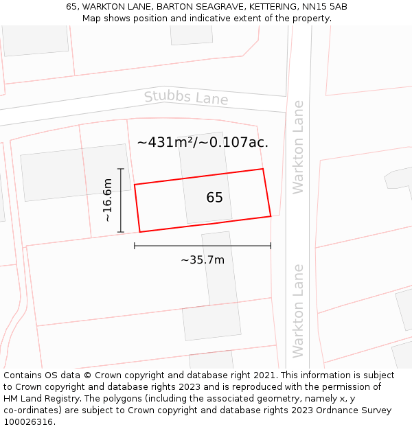 65, WARKTON LANE, BARTON SEAGRAVE, KETTERING, NN15 5AB: Plot and title map