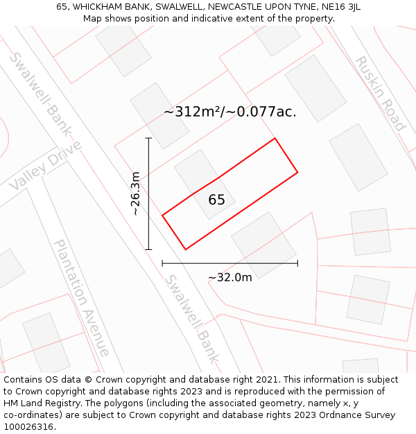 65, WHICKHAM BANK, SWALWELL, NEWCASTLE UPON TYNE, NE16 3JL: Plot and title map