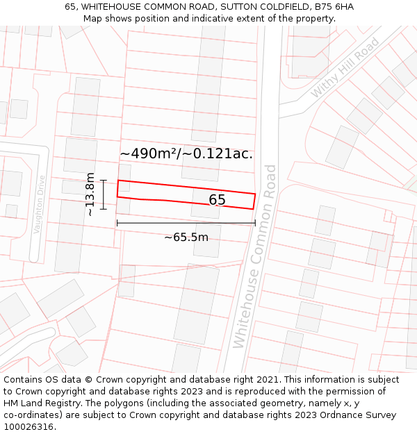 65, WHITEHOUSE COMMON ROAD, SUTTON COLDFIELD, B75 6HA: Plot and title map