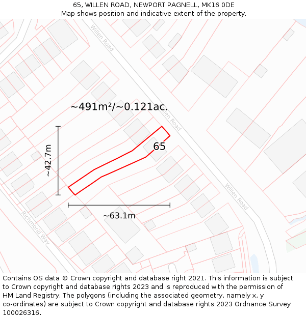 65, WILLEN ROAD, NEWPORT PAGNELL, MK16 0DE: Plot and title map