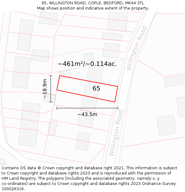 65, WILLINGTON ROAD, COPLE, BEDFORD, MK44 3TL: Plot and title map