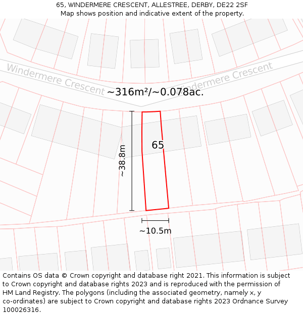 65, WINDERMERE CRESCENT, ALLESTREE, DERBY, DE22 2SF: Plot and title map