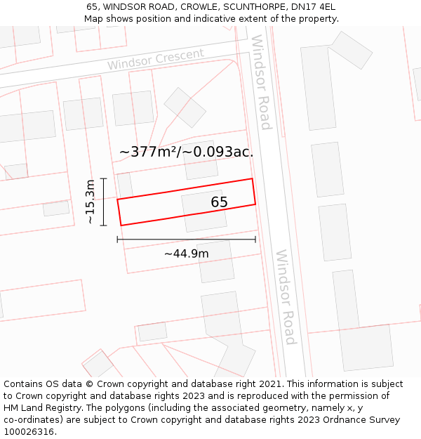 65, WINDSOR ROAD, CROWLE, SCUNTHORPE, DN17 4EL: Plot and title map