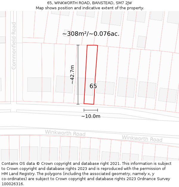 65, WINKWORTH ROAD, BANSTEAD, SM7 2JW: Plot and title map