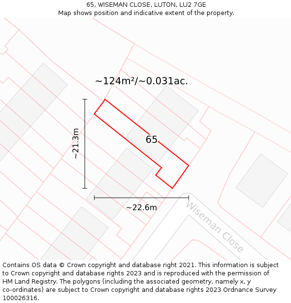 65, WISEMAN CLOSE, LUTON, LU2 7GE: Plot and title map