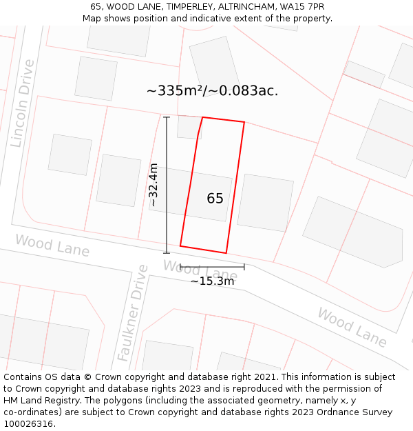 65, WOOD LANE, TIMPERLEY, ALTRINCHAM, WA15 7PR: Plot and title map