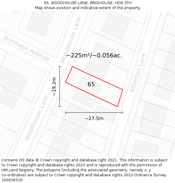 65, WOODHOUSE LANE, BRIGHOUSE, HD6 3TH: Plot and title map