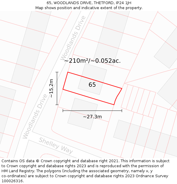 65, WOODLANDS DRIVE, THETFORD, IP24 1JH: Plot and title map