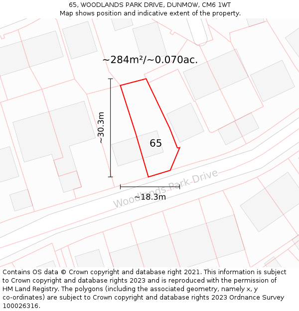 65, WOODLANDS PARK DRIVE, DUNMOW, CM6 1WT: Plot and title map