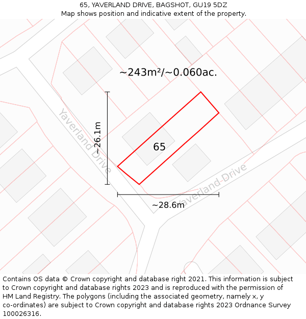 65, YAVERLAND DRIVE, BAGSHOT, GU19 5DZ: Plot and title map