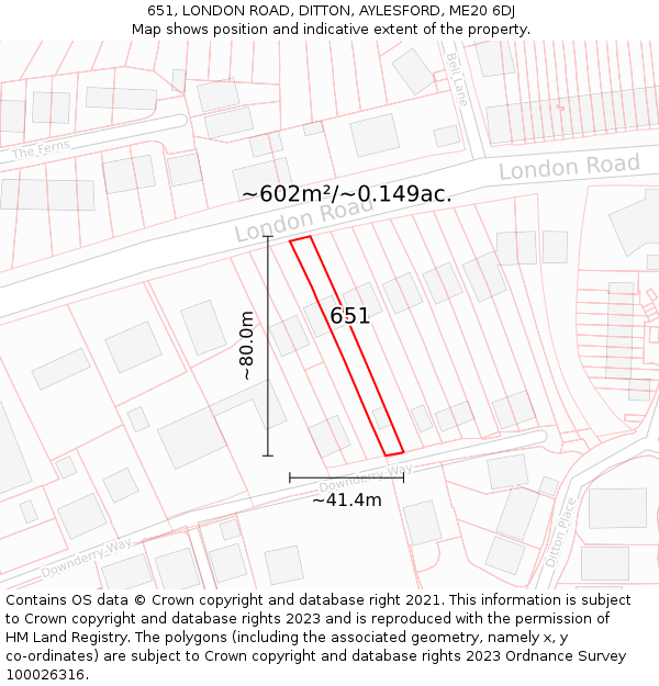 651, LONDON ROAD, DITTON, AYLESFORD, ME20 6DJ: Plot and title map