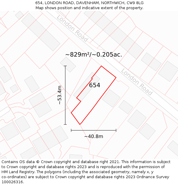 654, LONDON ROAD, DAVENHAM, NORTHWICH, CW9 8LG: Plot and title map