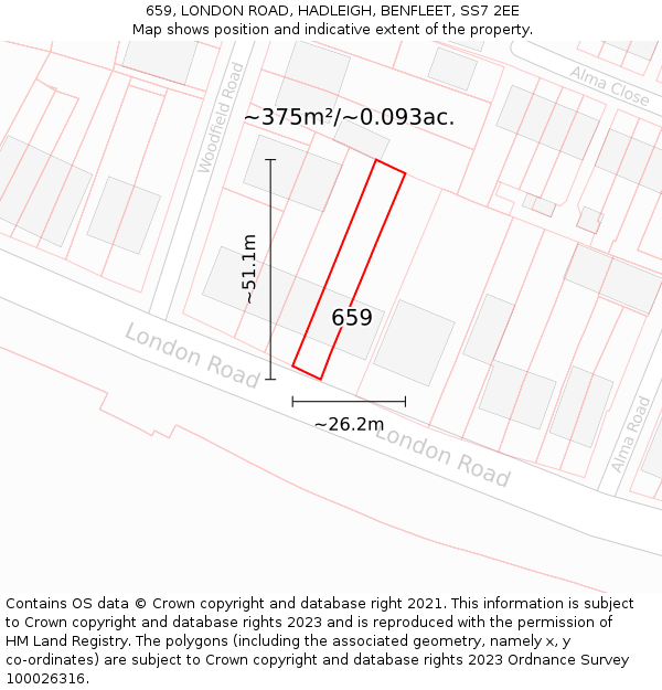 659, LONDON ROAD, HADLEIGH, BENFLEET, SS7 2EE: Plot and title map