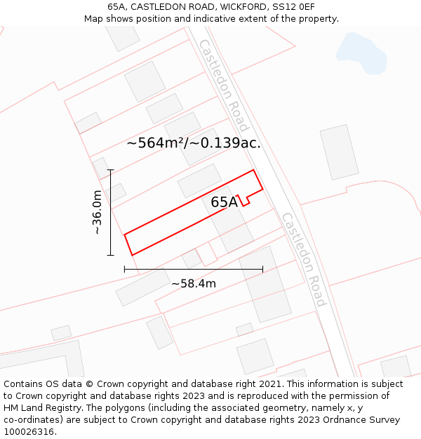 65A, CASTLEDON ROAD, WICKFORD, SS12 0EF: Plot and title map