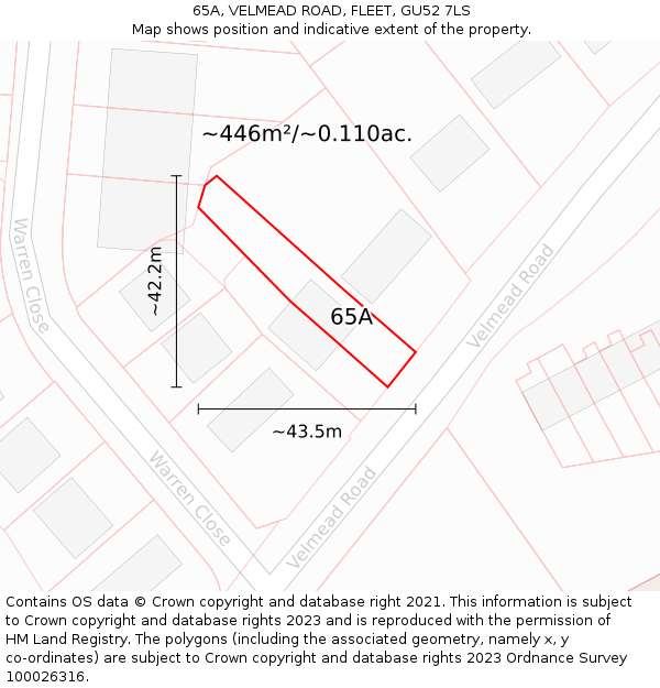 65A, VELMEAD ROAD, FLEET, GU52 7LS: Plot and title map