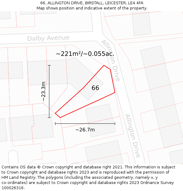 66, ALLINGTON DRIVE, BIRSTALL, LEICESTER, LE4 4FA: Plot and title map