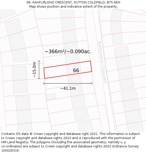 66, ASHFURLONG CRESCENT, SUTTON COLDFIELD, B75 6EN: Plot and title map