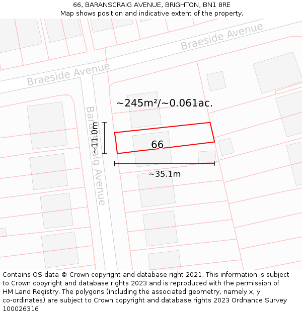 66, BARANSCRAIG AVENUE, BRIGHTON, BN1 8RE: Plot and title map