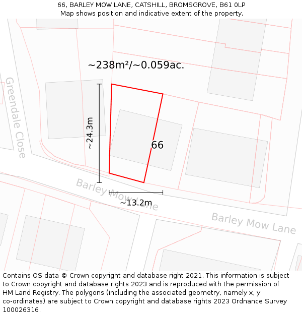 66, BARLEY MOW LANE, CATSHILL, BROMSGROVE, B61 0LP: Plot and title map