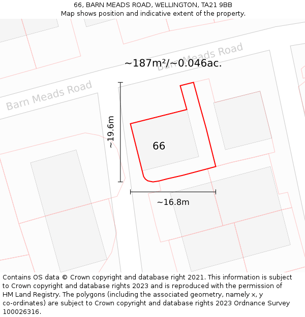 66, BARN MEADS ROAD, WELLINGTON, TA21 9BB: Plot and title map