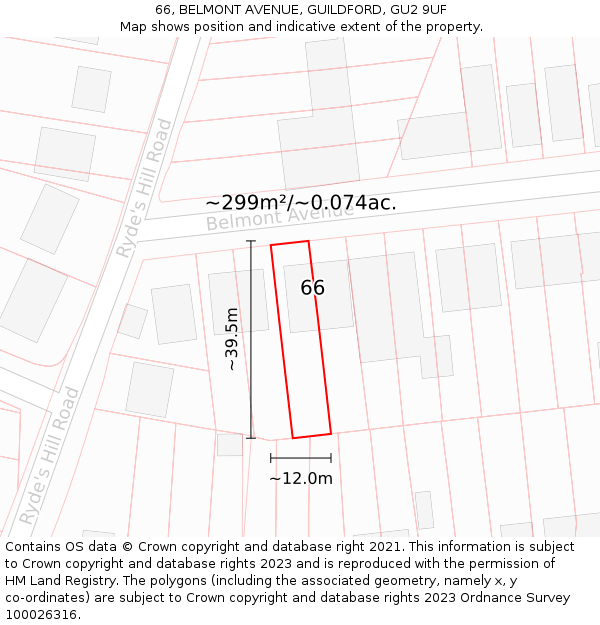 66, BELMONT AVENUE, GUILDFORD, GU2 9UF: Plot and title map