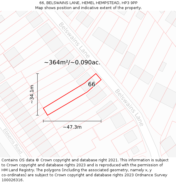 66, BELSWAINS LANE, HEMEL HEMPSTEAD, HP3 9PP: Plot and title map