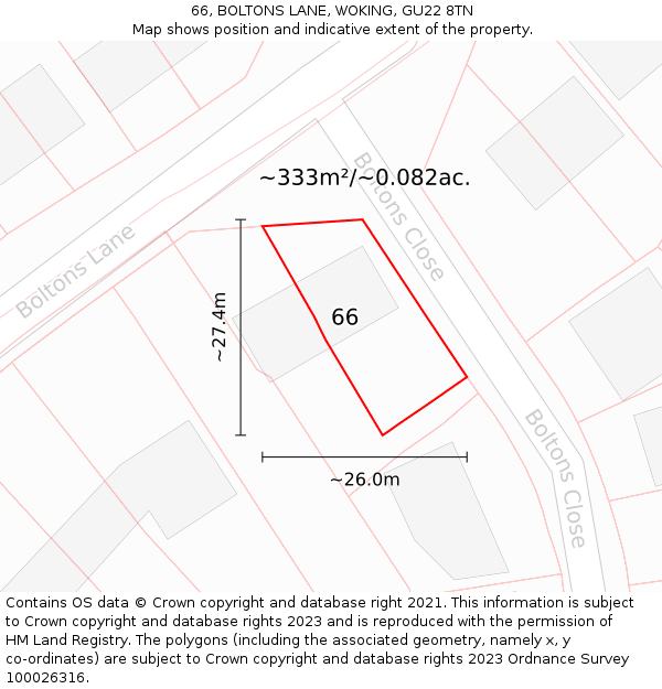 66, BOLTONS LANE, WOKING, GU22 8TN: Plot and title map