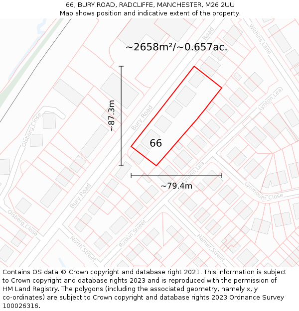 66, BURY ROAD, RADCLIFFE, MANCHESTER, M26 2UU: Plot and title map