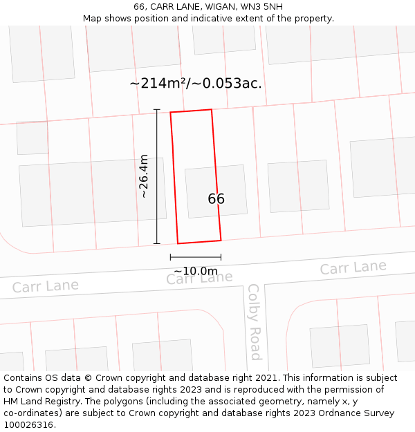 66, CARR LANE, WIGAN, WN3 5NH: Plot and title map