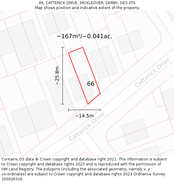 66, CATTERICK DRIVE, MICKLEOVER, DERBY, DE3 0TX: Plot and title map