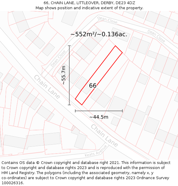 66, CHAIN LANE, LITTLEOVER, DERBY, DE23 4DZ: Plot and title map