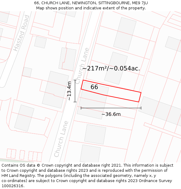 66, CHURCH LANE, NEWINGTON, SITTINGBOURNE, ME9 7JU: Plot and title map