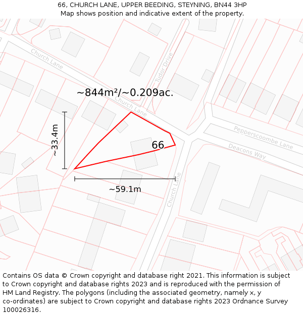 66, CHURCH LANE, UPPER BEEDING, STEYNING, BN44 3HP: Plot and title map