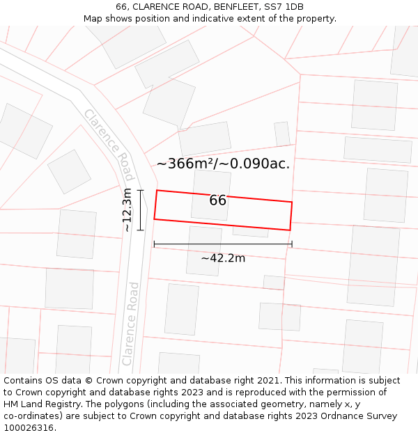 66, CLARENCE ROAD, BENFLEET, SS7 1DB: Plot and title map