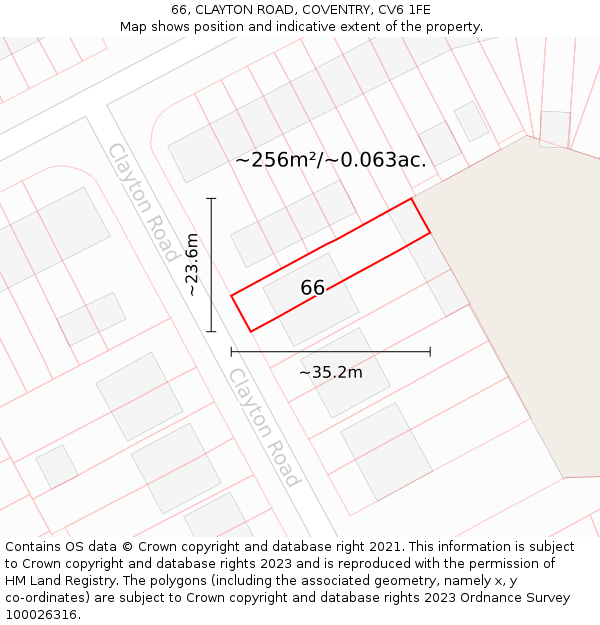 66, CLAYTON ROAD, COVENTRY, CV6 1FE: Plot and title map