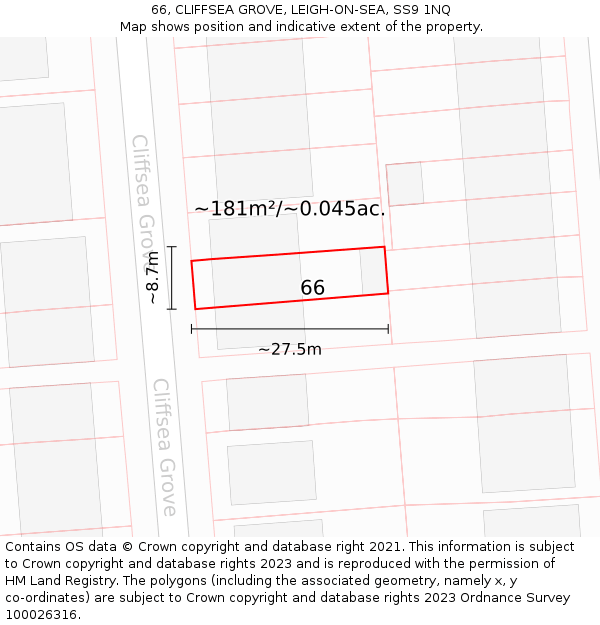 66, CLIFFSEA GROVE, LEIGH-ON-SEA, SS9 1NQ: Plot and title map