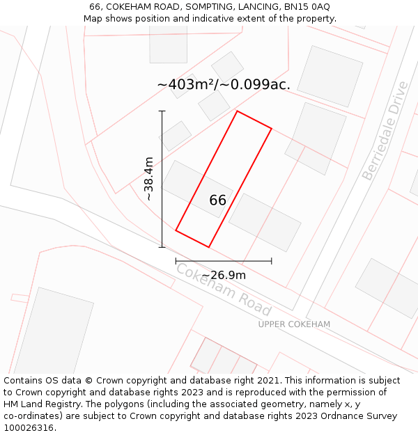 66, COKEHAM ROAD, SOMPTING, LANCING, BN15 0AQ: Plot and title map