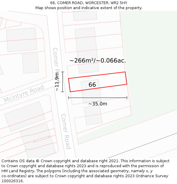 66, COMER ROAD, WORCESTER, WR2 5HY: Plot and title map