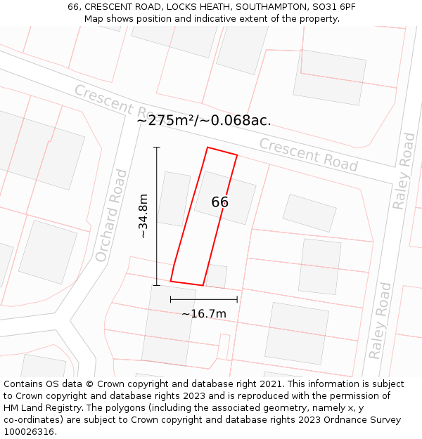 66, CRESCENT ROAD, LOCKS HEATH, SOUTHAMPTON, SO31 6PF: Plot and title map