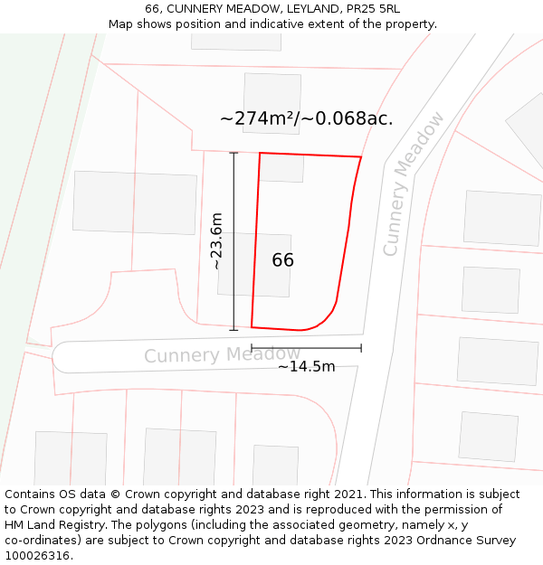 66, CUNNERY MEADOW, LEYLAND, PR25 5RL: Plot and title map