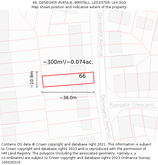 66, DENEGATE AVENUE, BIRSTALL, LEICESTER, LE4 3GG: Plot and title map