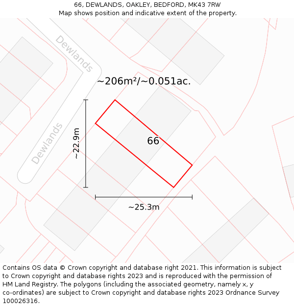 66, DEWLANDS, OAKLEY, BEDFORD, MK43 7RW: Plot and title map