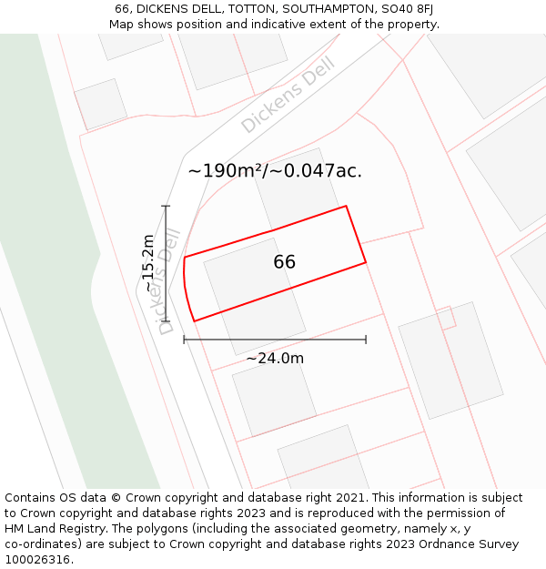 66, DICKENS DELL, TOTTON, SOUTHAMPTON, SO40 8FJ: Plot and title map