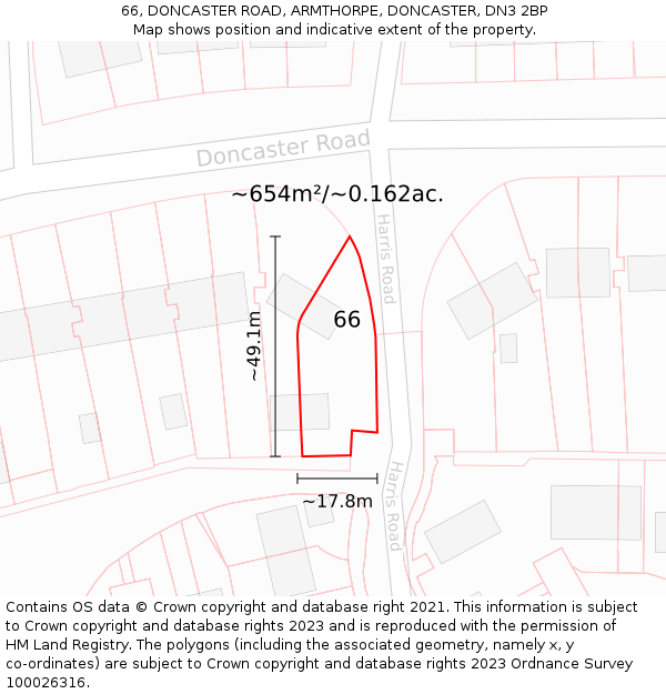 66, DONCASTER ROAD, ARMTHORPE, DONCASTER, DN3 2BP: Plot and title map