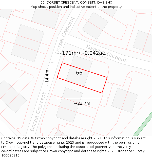 66, DORSET CRESCENT, CONSETT, DH8 8HX: Plot and title map